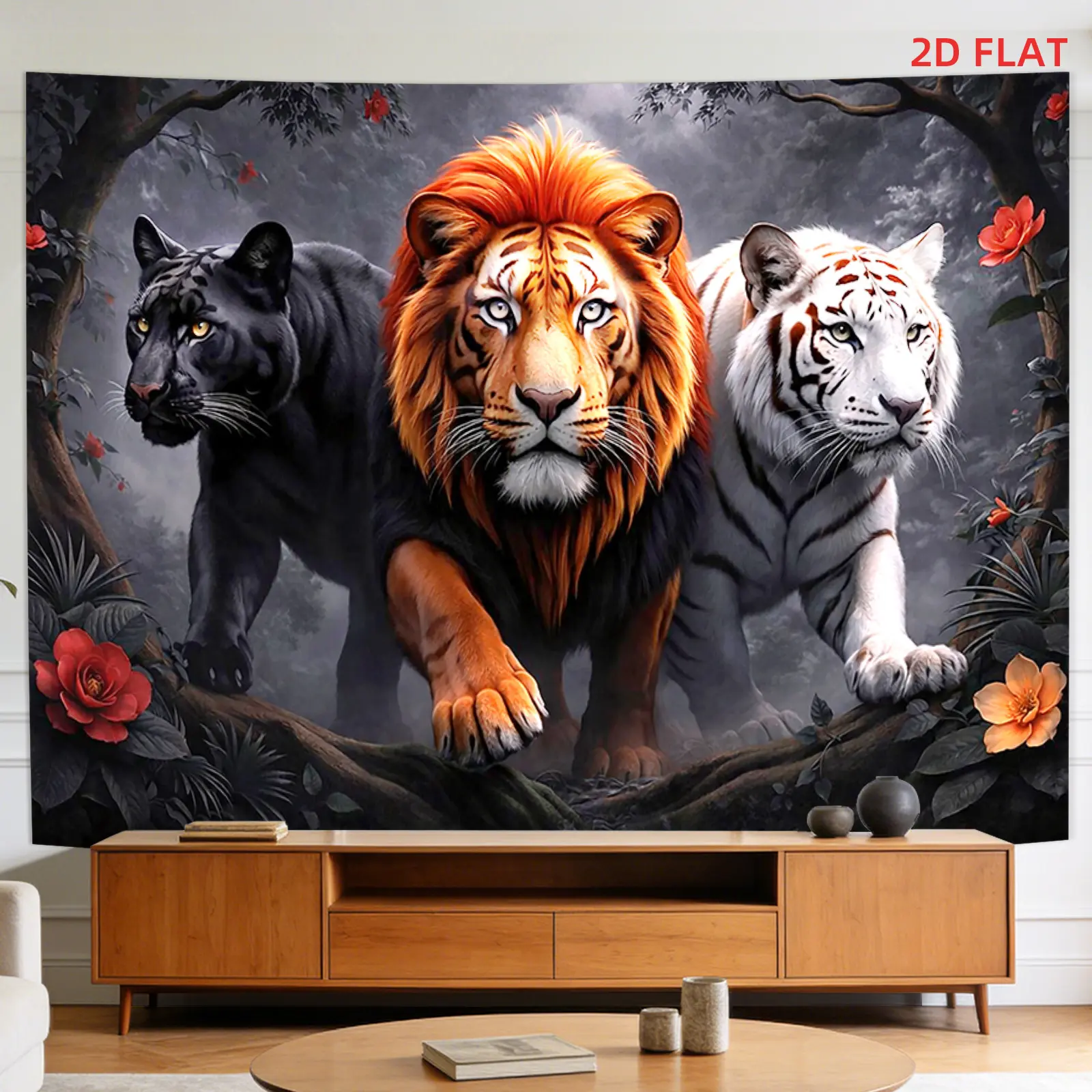 2D Flat - 2D Flat - A Tapestry Featuring Large And Small Patterns of a Tiger, Lion, Panther, Forest, And Flowers, Ideal for Decorating Walls in Living Rooms, Meditation Spaces, Offices, Or for Party Decor.It Does Not Glow in The Dark