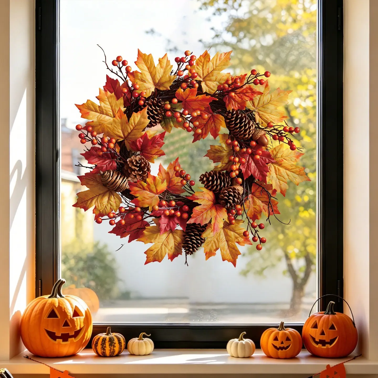 Thanksgiving Maple Leaf Wreath Window Sticker, Harvest Festival Atmosphere, Holiday Party Glass Display Decor, Static Cling Decal