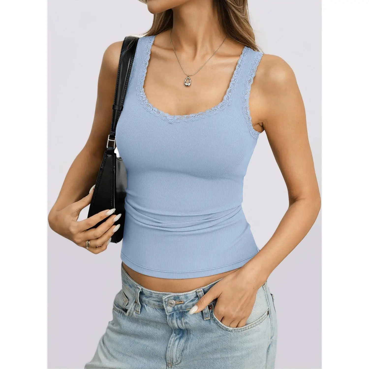 Womens Lace Trim Ribbed Tank Tops V Neck Fitted Sleeveless Tops |   Cotton, Knit, Stretchy, Soft, Camisole, Low Cut, 2026, Summer, Cute, Trendy, Casual, Y2K, Going Out, Daily Outfits, Vacation