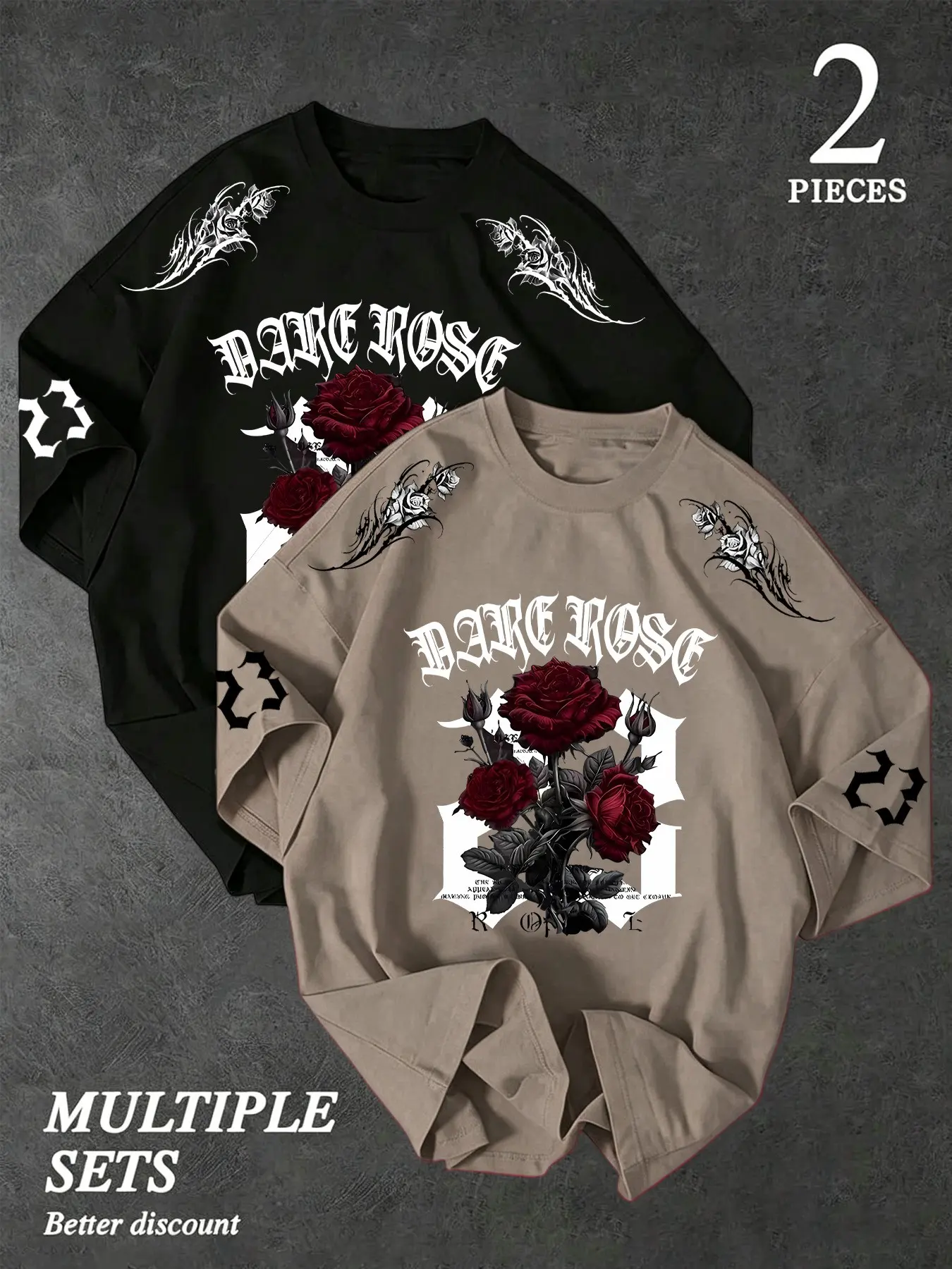 Men's 2-Pack Trendy Tattoo Graffiti Rose Print T-Shirts, Casual Loose-Fit Round Neck Tees for Summer Sports and Outing