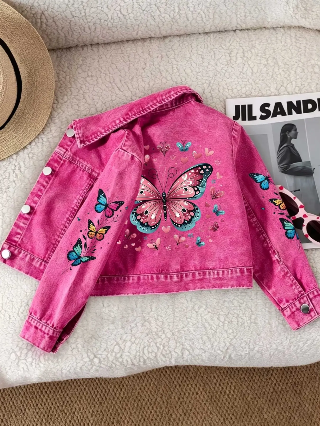 Girls' Spring & Fall Lightweight Denim Jacket, Sweet Butterfly Heart Print, Colorful Butterfly Full Print, Fitted Casual Top, Casual Cute Outerwear, Soft Breathable Fabric