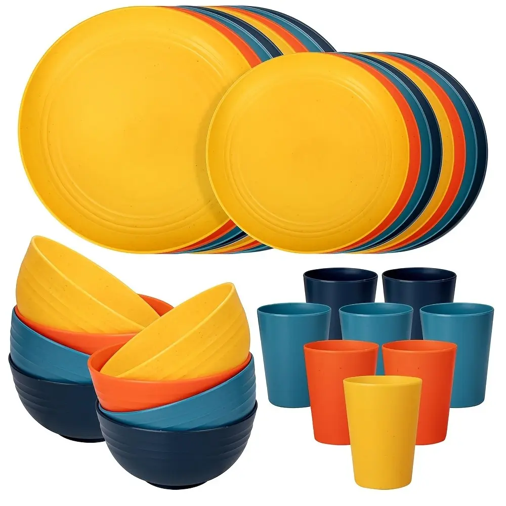 32pcs 8-Person Wheat Straw Plates & Bowls Dinnerware Set with Cups - Lightweight Stackable Plastic Plates Suitable for Kitchen, Camping, Picnic, Party, Dining, Holiday Tableware