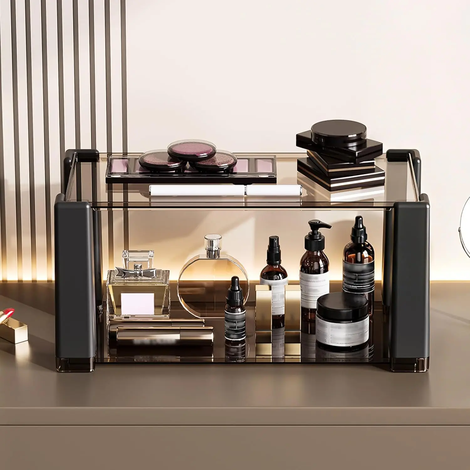 2 Tier Makeup Organizer with Drawer,Perfume Organizer,Clear Organizer for,,Pantry,Skincare Organizer for, Black