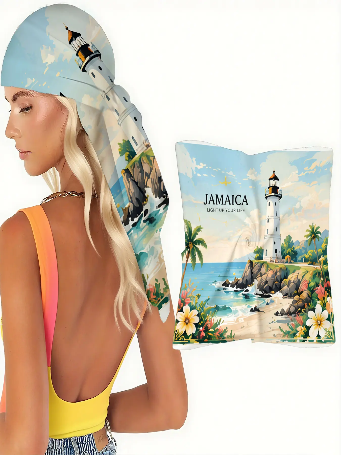 【Jamaica Culture】Scarf Shawl Wrap with Lighthouse on Rocky Coast, Palm Trees, Tropical Flowers & Light Up Your Life Text - Ideal for Coastal Getaways, Island Vacations, Resort Wear, Nautical-Themed Events and Caribbean Cultural Celebrations