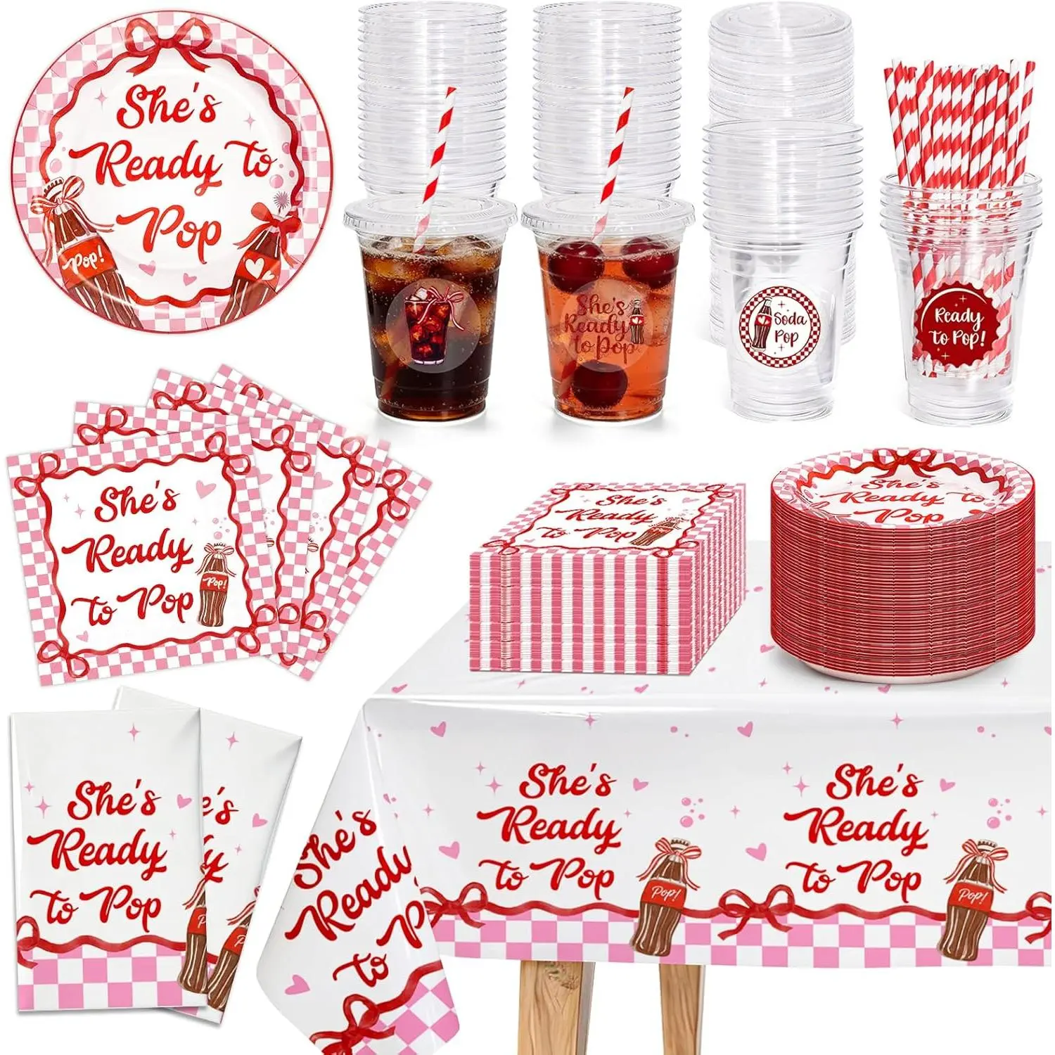194PCS Shes Ready to Pop Baby Shower Decorations Sets, Retro Soda Decor include Disposable Cups with Lid Straws Plates Napkins Tablecloths for Gender Reveal Pregnancy Newborn Party Supplies- Serve 48