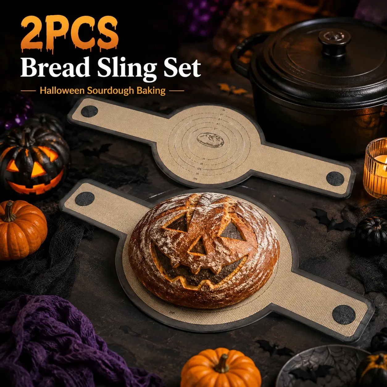 2PCS Halloween Sourdough Bread Sling Set, 21.86in Reusable Silicone Baking Mats with Handles for Dutch Oven, Easy Transfer Bread Lifter for Homemade Artisan Loaf Baking