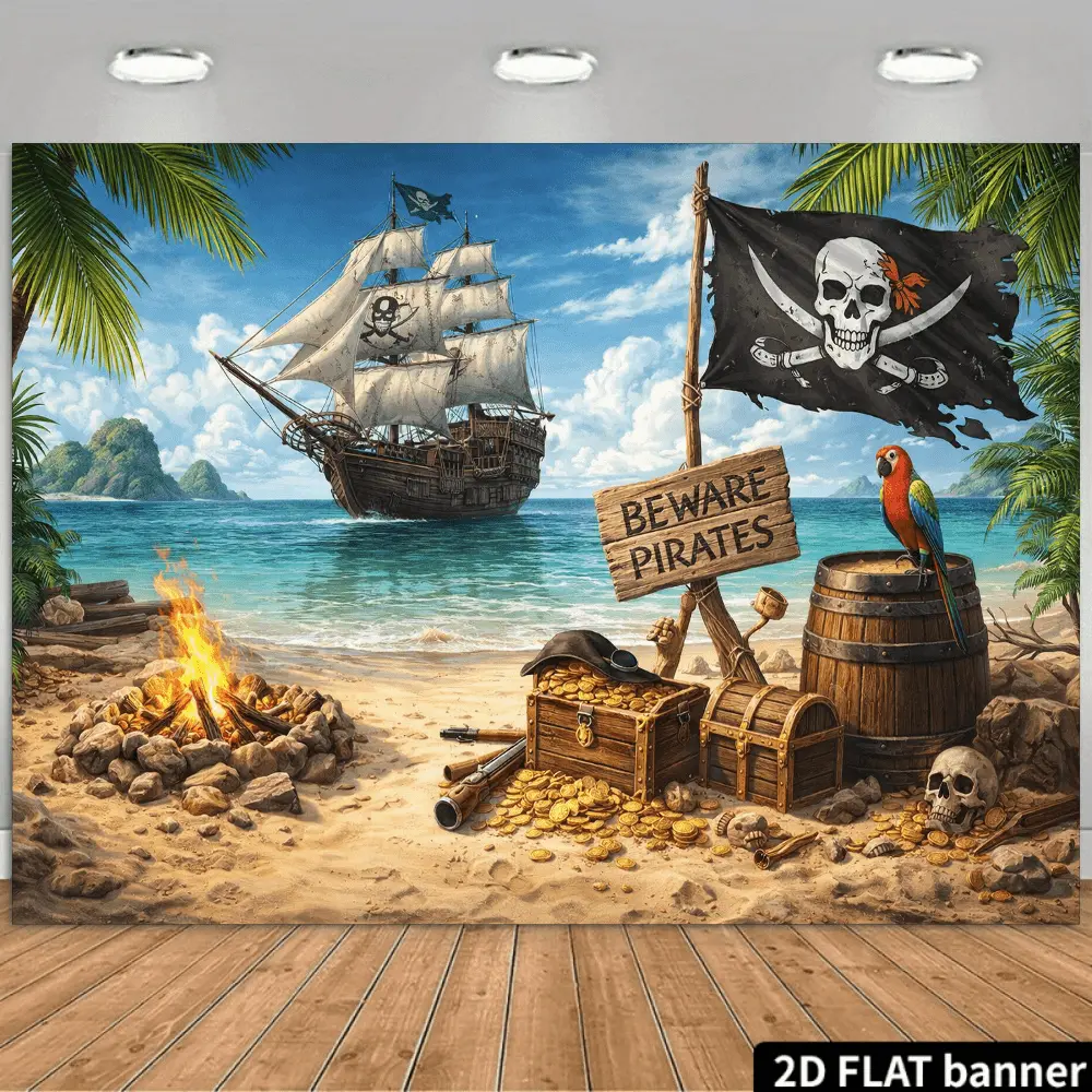 2D Flat Banner pirate beach themed polyester photography backdrop, HD digitally printed soft lightweight foldable background cloth, suitable for theme parties, portrait photos, product photography, video studio recording, livestre