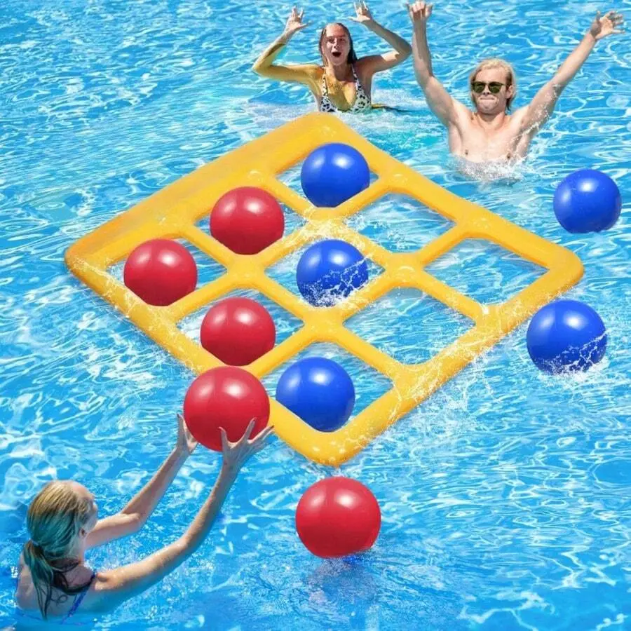 Floating Outdoor Tic-Tac-Toe Water Sports Game - Pool Accessories with 10 Balls (5 Blue, 5 Red) and Air Pump for Pool, Lake Use