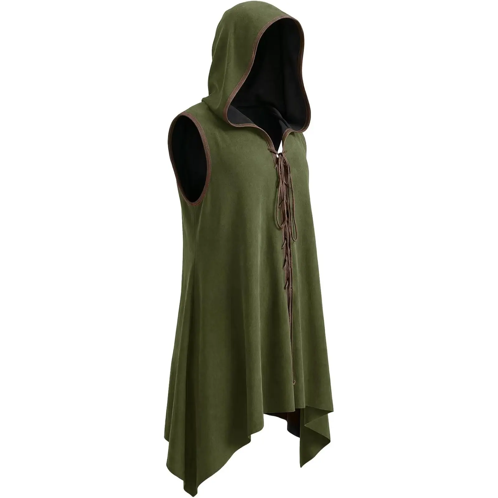 Runcati Men's Renaissance Hooded Surcoat Medieval Cloak Knight Tunic Tops | Victorian Vintage Capelet Halloween Sorcerer Cosplay Costume, Medieval Sleeveless Cape, Lace Up Drape Robe, Micro Suede