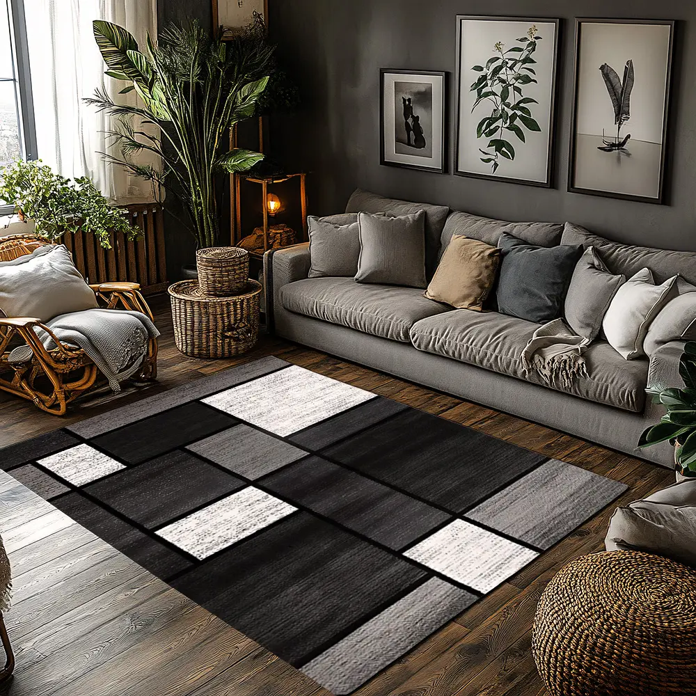 Black White Grey Irregular Block Crystal Velvet Area Rug Non-Slip Minimal Living Room Mat Modern Minimalist Rug #IrregularBlockRug #MonochromeGeometricCarpet #ModernHomeDecor #ContrastColorFloorMat #CrystalVelvetRug