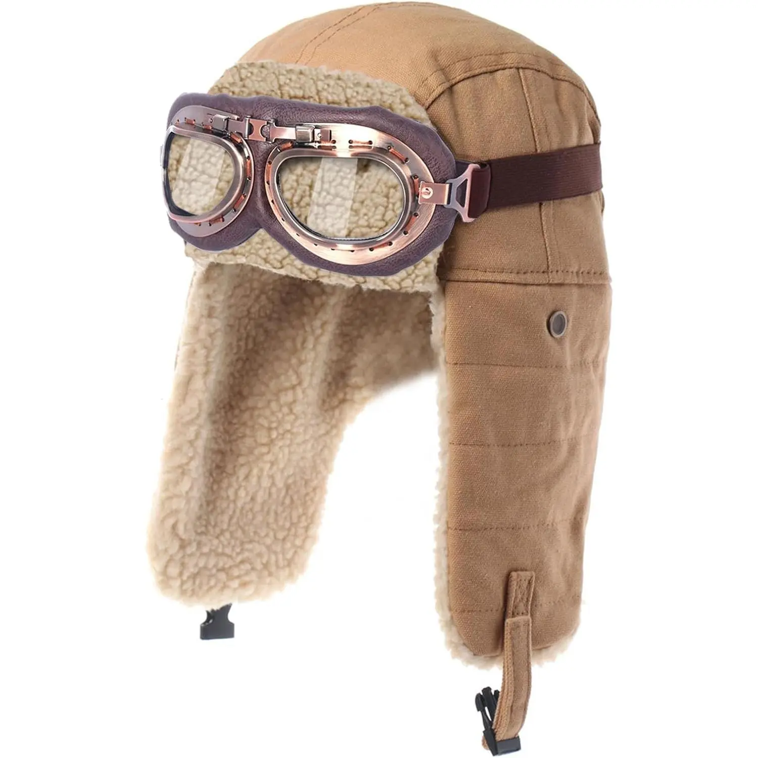 Adult Vintage Aviator Pilot Hat Costume with Goggles - Winter Bomber Trapper Hat with Fur Ear Flaps for Men Women(Gift)
