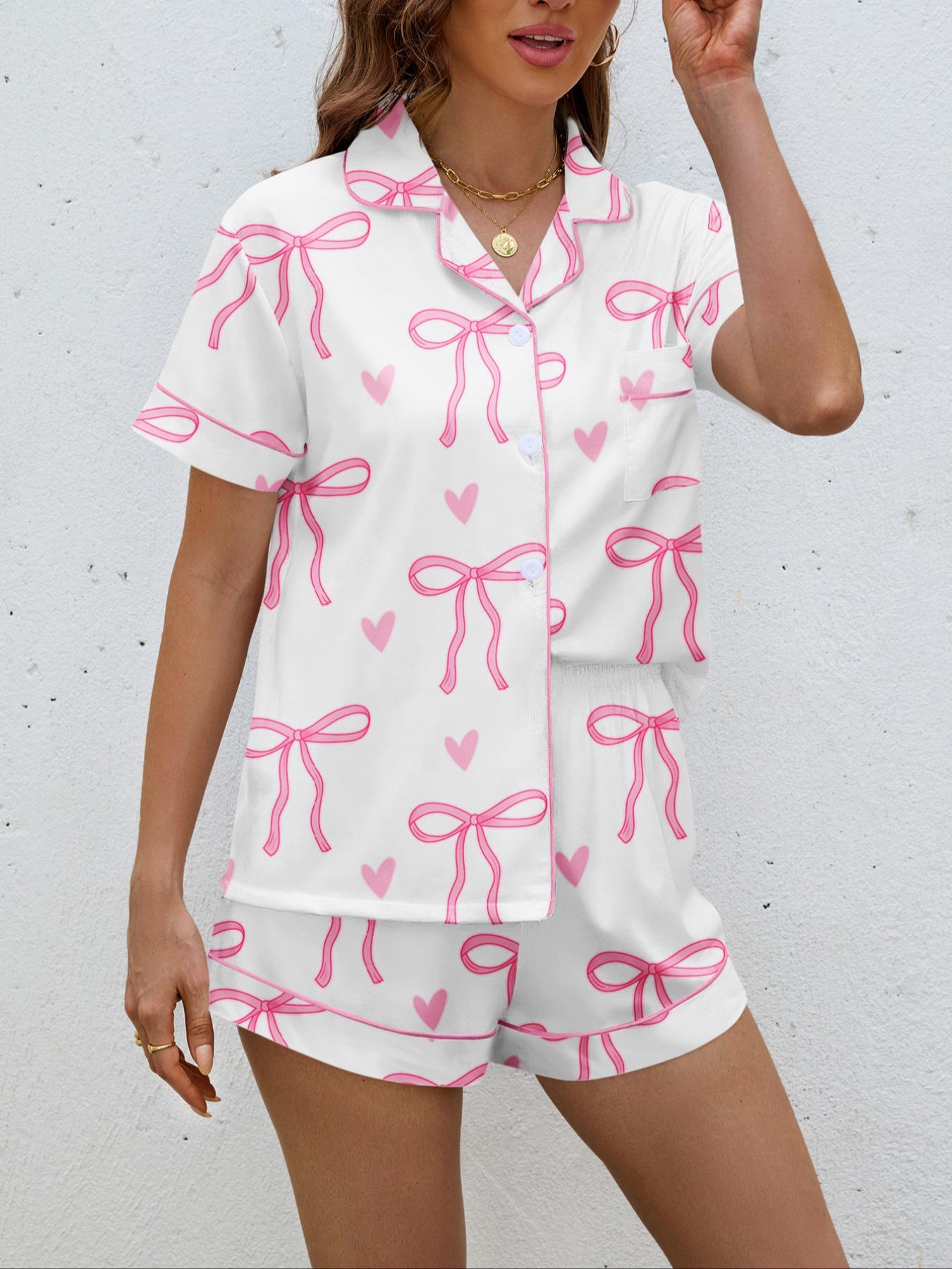 Women's Bowknot Printed Pyjama Set, Casual Outdoor Wear, Soft Shirt & Elastic Shorts, All-Season Comfortable Home Clothing, Loungewear