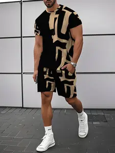 Men's geometric pattern short-sleeved shirt and shorts, black and beige color blocking design, simple street style, breathable and comfortable fabric, a top choice for summer wear.