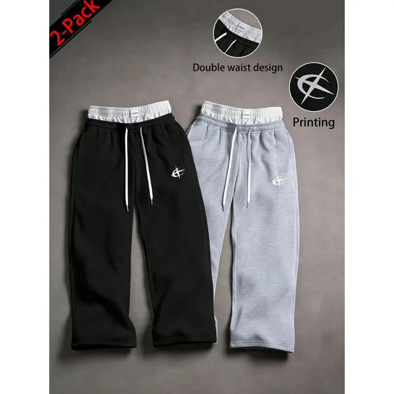 Available  packs of 1-2-3 pieces; unisex Y2K street-style floor-length jogging pants; baggy wide-leg sweatpants; faux two-piece color-block joggers with double waistband design, elastic waistband and drawstring; men’s casual printed jogging pants in stree