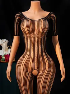 Women Half Sleeve Hollow Fishnet Bodystocking, Crisscross Cutout See Through Mesh One Piece Full Body Stockings, Elastic Stretch Sheer Bodysuit Intimates, Curve Fit Nightwear Lingerie for Date Night Valentine Honeymoon, One Size Fits Most