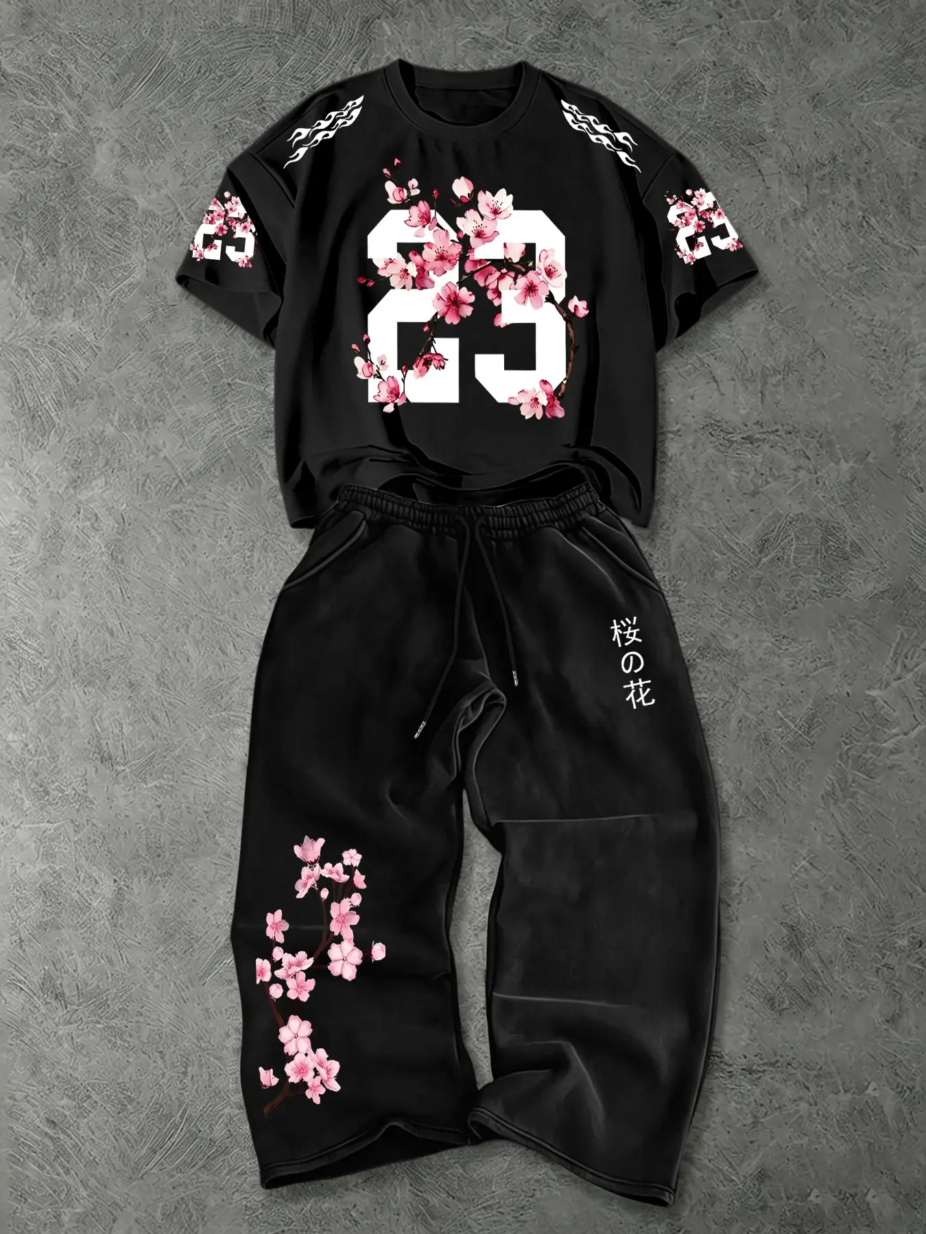 Men's Casual 2-Piece Set, Japanese Cherry Blossom Theme, Number 23 Print, Short Sleeve + Loose Fit Pants, Streetwear Style, Home & Outdoors