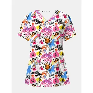 Women's Fashion V-Neck / Graffiti Print Nurse Top / Comfortable Trendy Uniform with Pockets, Polyester