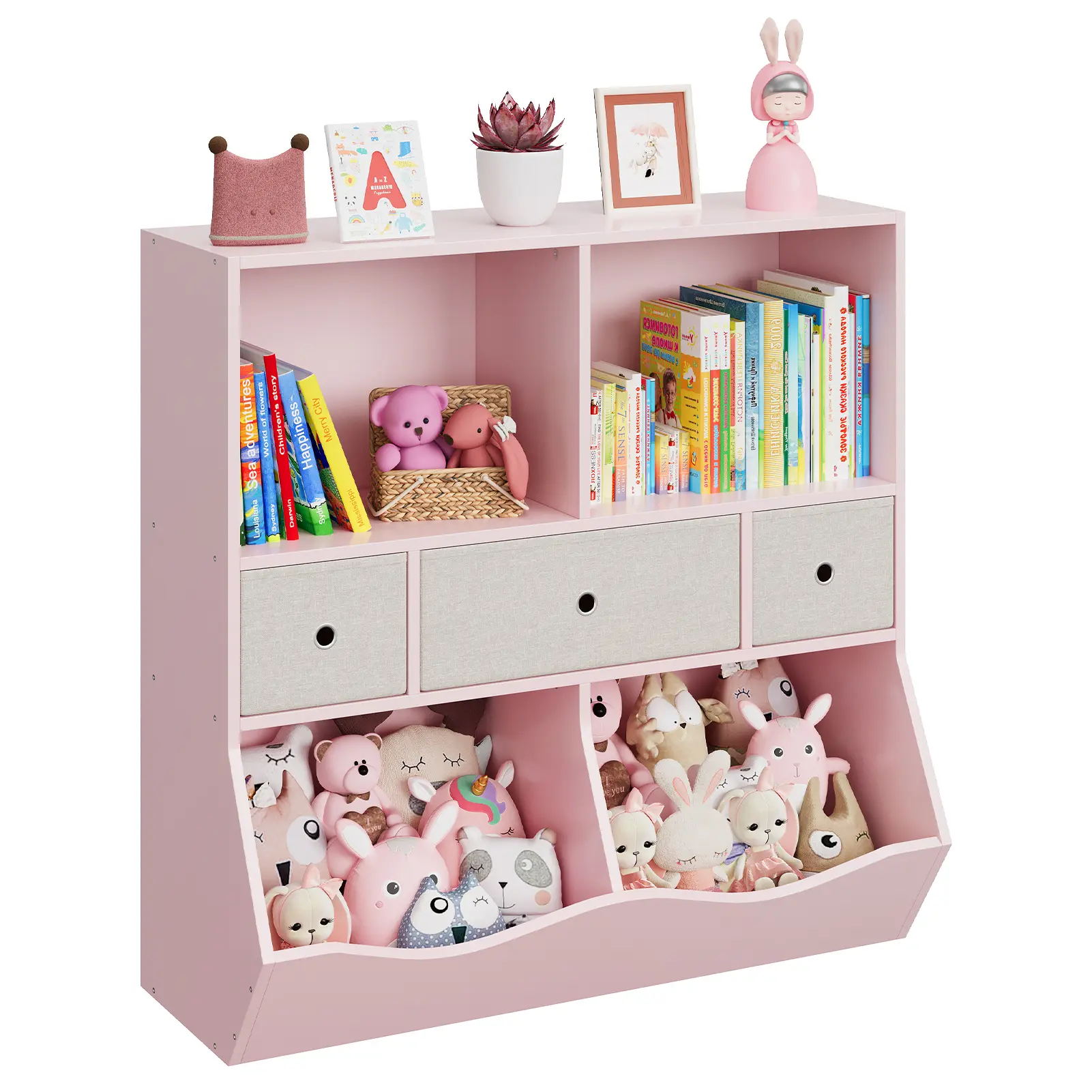 3-Tier Kids Bookshelf & Toy Storage – Wooden Bookcase with 4 Cubbies + 3 Fabric Drawers, Pink