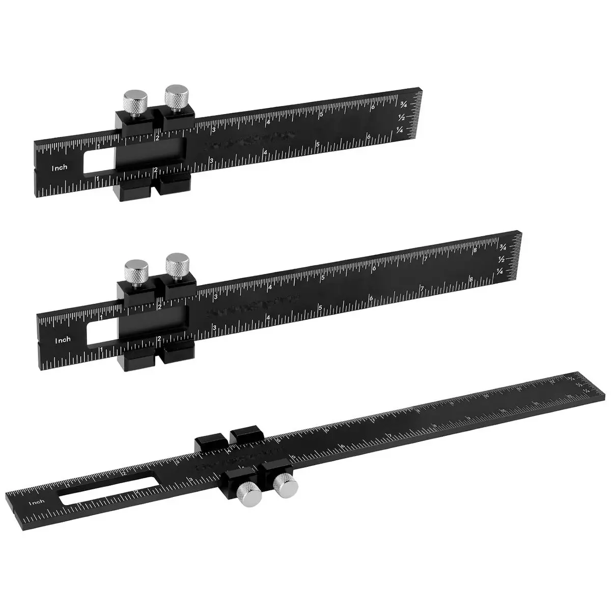 Woodworking Ruler 3-Piece Set, Precision Pocket T-Type Scribing Square, Inch and Metric Metal Slide Rule, Marking Measuring Tool for DIY Repair, 6/8/12 Inch
