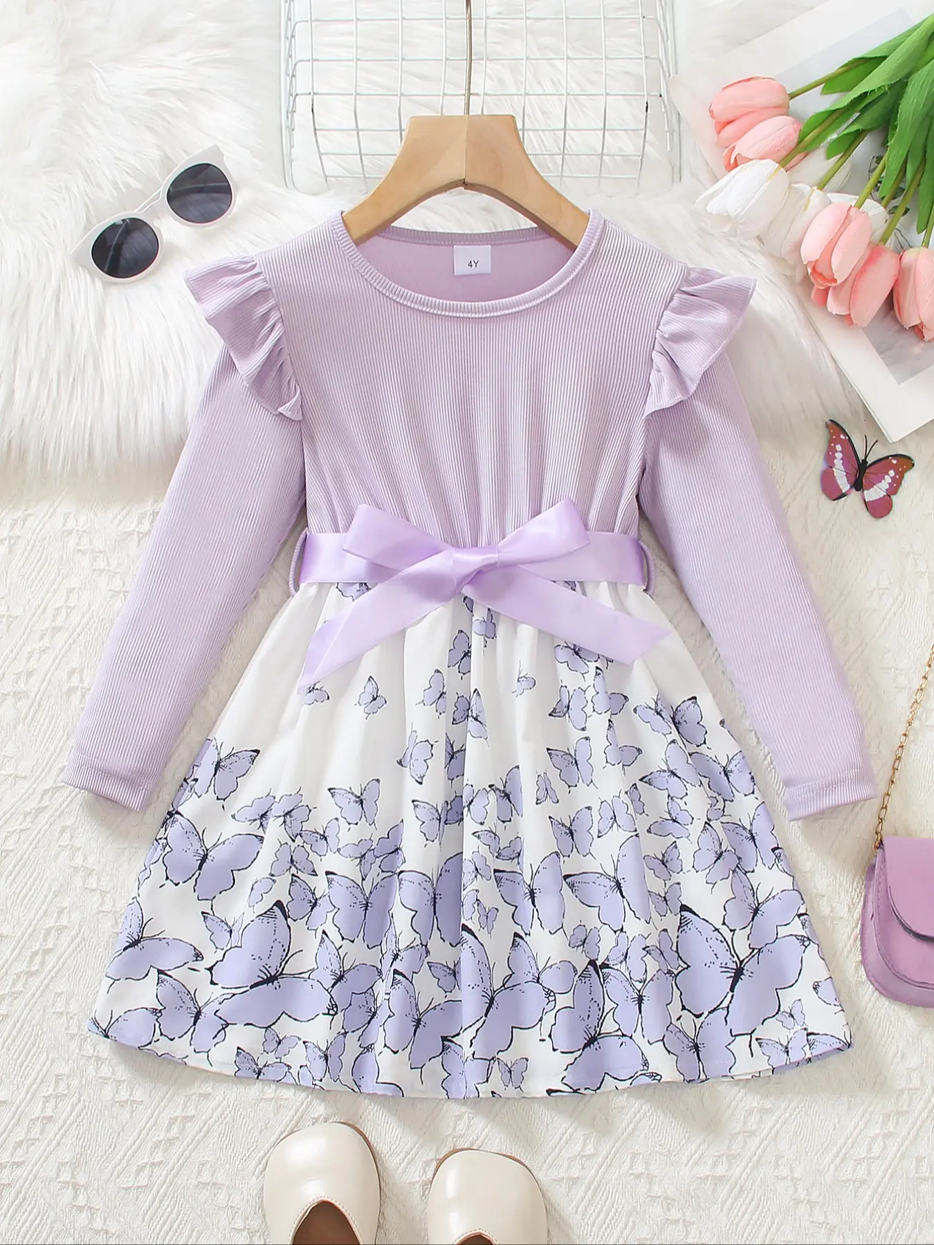 Young Girls Sweet Long Sleeve Dress with Cute Flutter Sleeves, Waist Belt Detail for Fall & Winter, Princess Dress for Parties & Birthdays