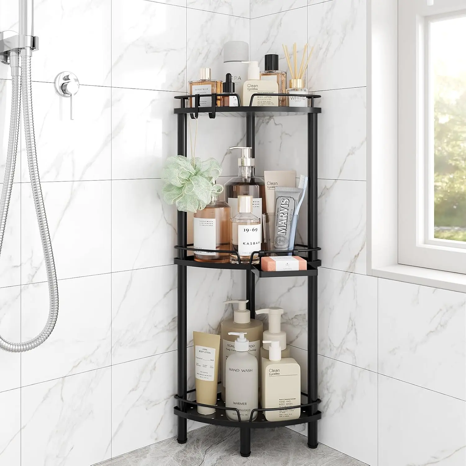 Corner Shower Caddy Standing, 3 Tier Rustproof Metal Shower Organizer with Soap Holder, Floor Shower Corner Shelf Rack Storage Stands with Adjustable Feet & 2 Hooks for Bathroom, Black