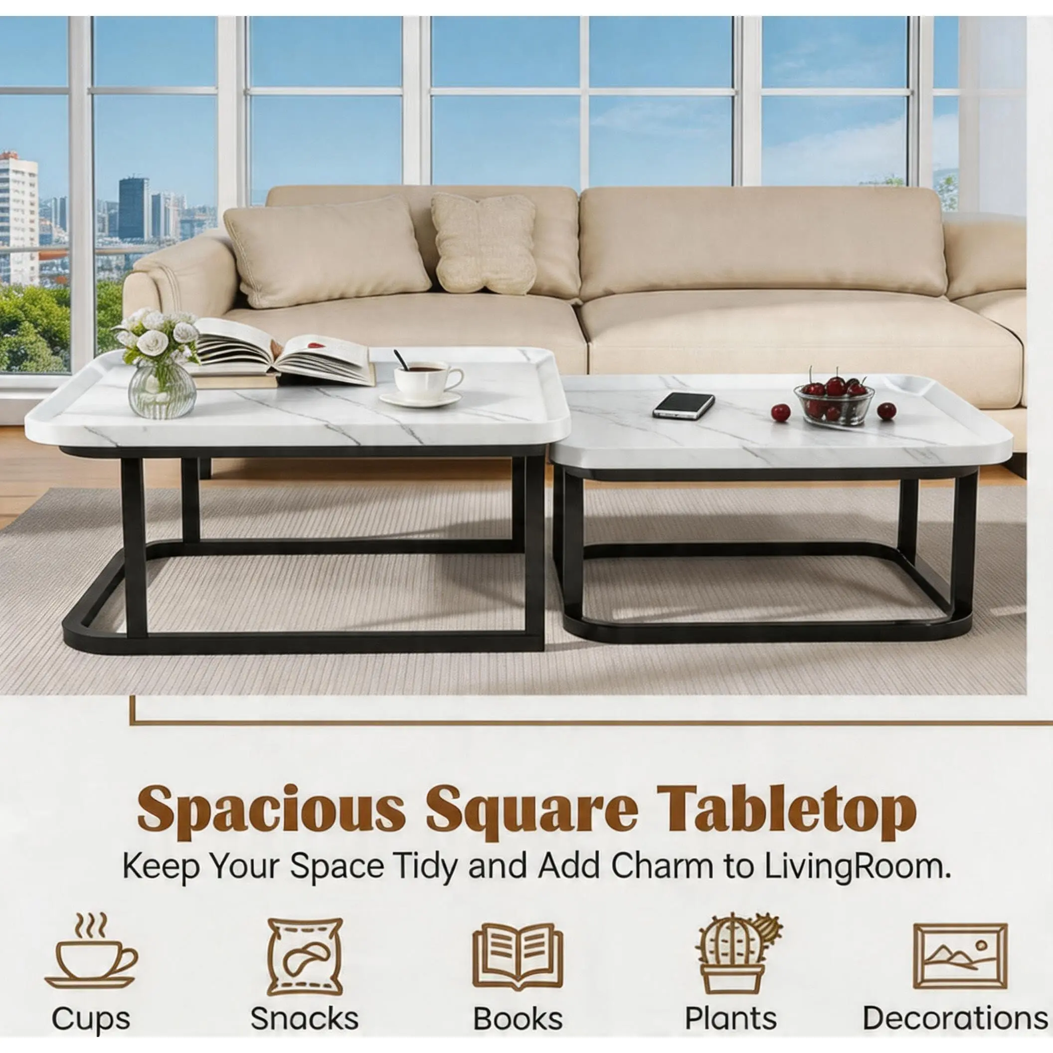 Set of 2 Nesting Coffee Tables, Square Faux Marble Stacking End Tables with Sturdy Metal Frame, Modern Nesting Side Tables for Living Room, Small Space Saving Accent Furniture