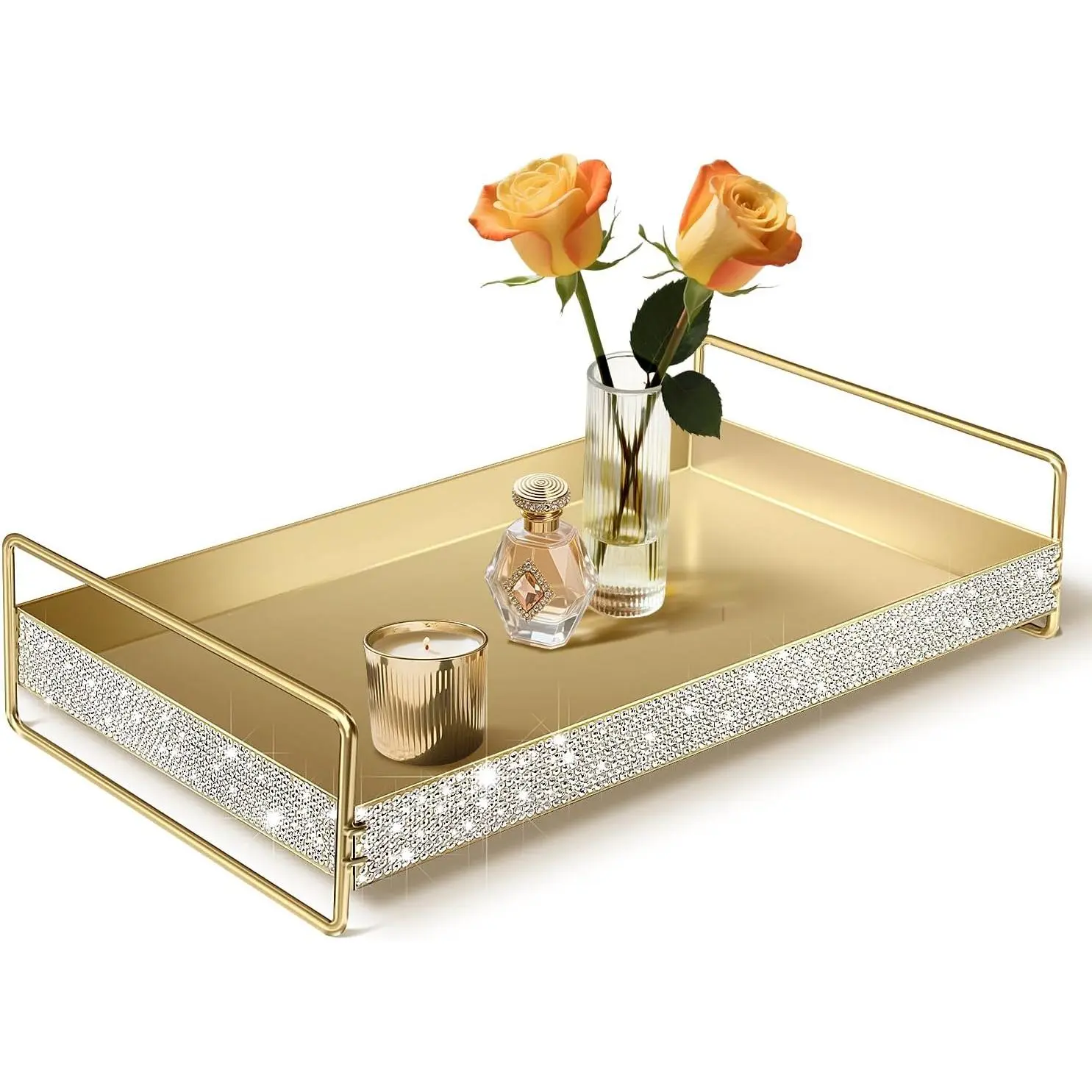 Crystal Rhinestones Gold Perfume Dresser Ornate Tray Bling Metal Decorative Tray Jewelry Organizer Makeup Tray for Vanity, Dresser, Bathroom, Bedroom,Living Room