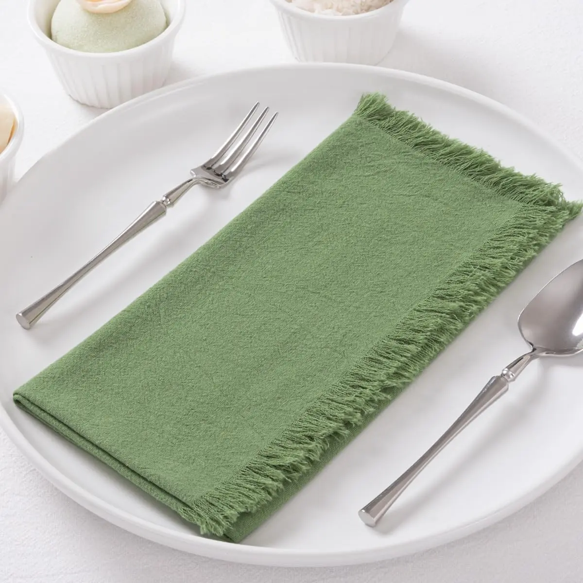 6 Pack Sage Green Cotton Linen Napkins with Fringe Summer Cloth Napkins Set of 6 Boho Handmade Dinner Napkins Bulk for Wedding Bridal Baby Shower Parties, 17 x 17 Inches