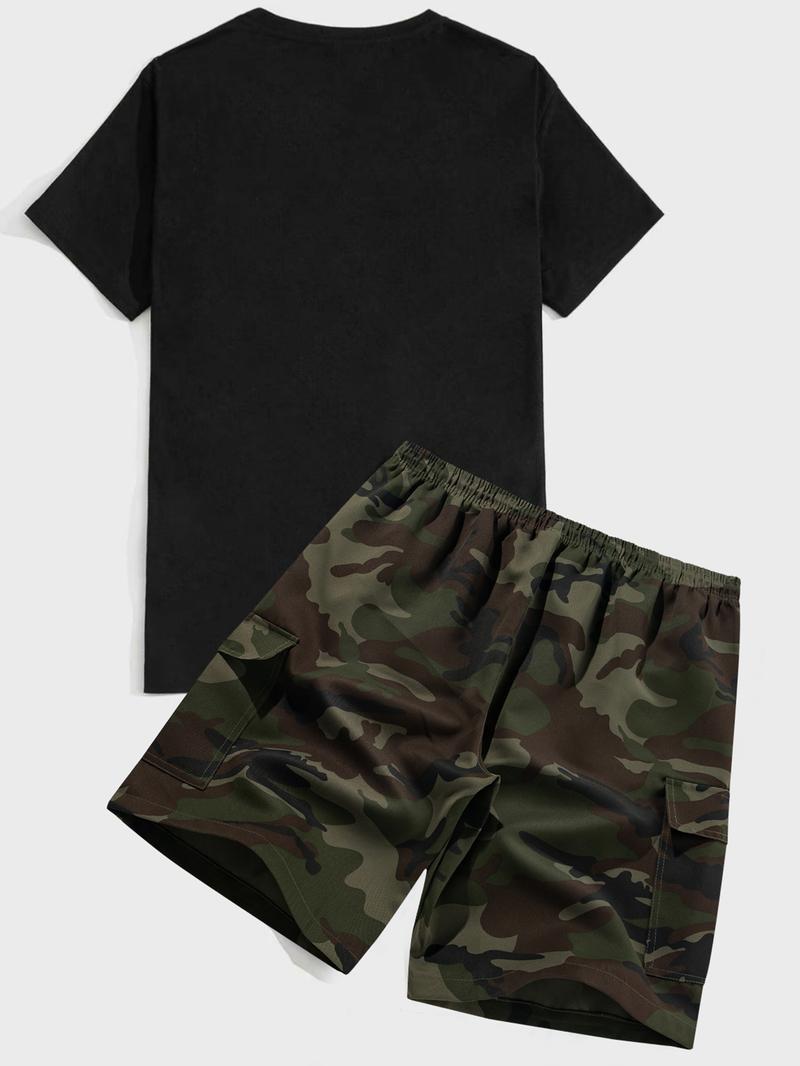 Two-Piece Set Men's Camo Print Crop Tee & Shorts, Regular Fit Casual Short Sleeve T-shirt & Camo Print Shorts, Men's Summer Outfits