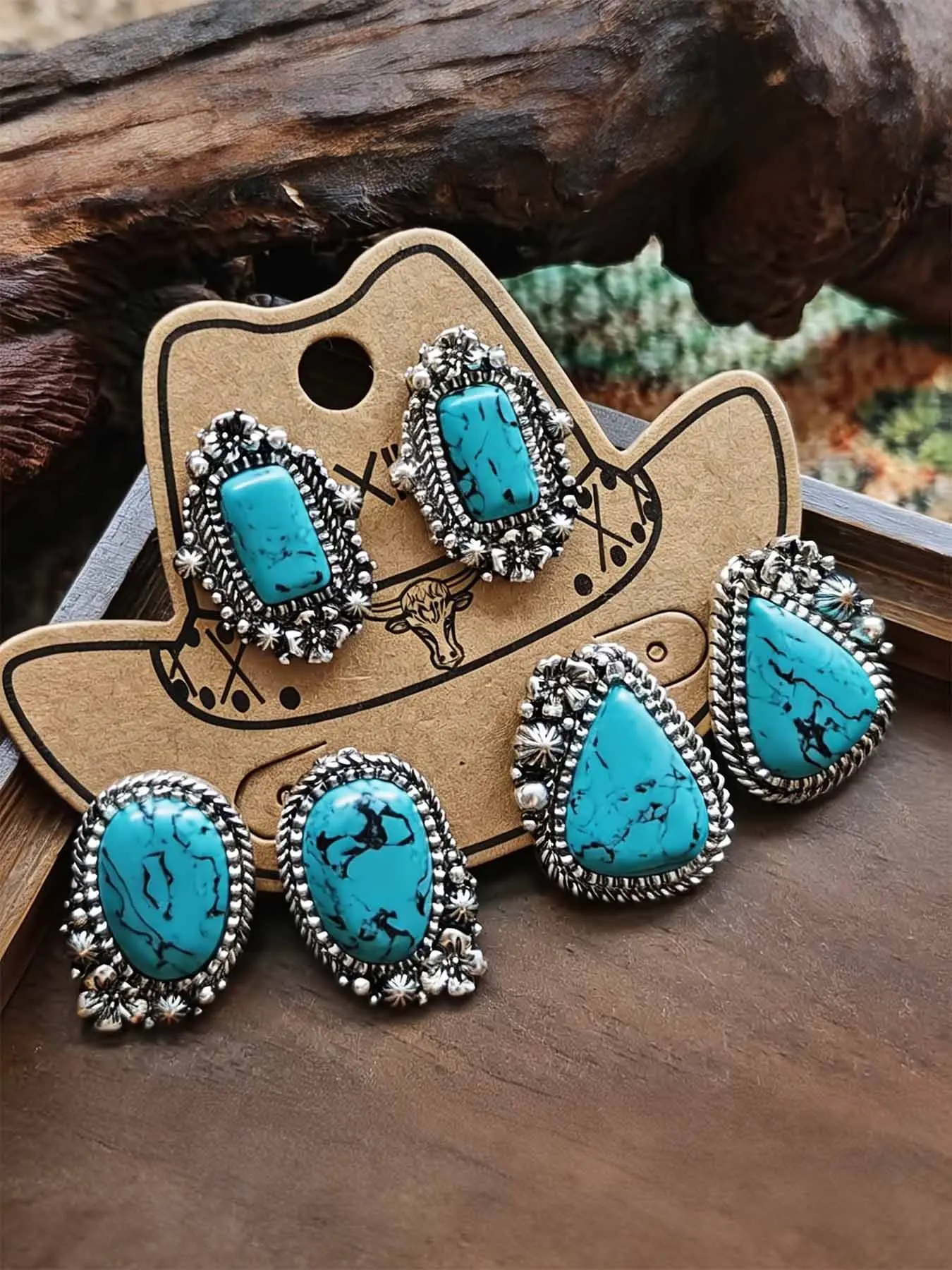3 Pairs Vintage Ethnic Style Fake Turquoise Stud Earrings for Women, Perfect for Daily Wear and Party Gifts, Elegant Jewelry Accessory