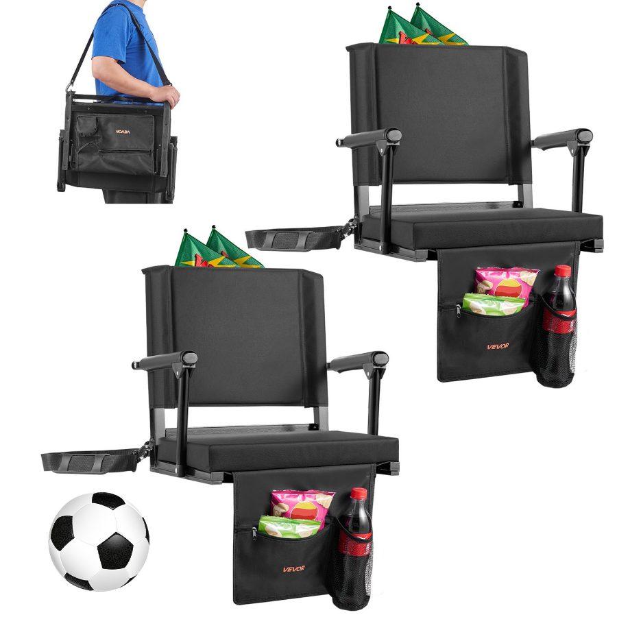 VEVOR Stadium Seat, Folding Bleacher Seat with Back Support and Thick Cushion, Padded Stadium Seats for Bleacher Includes Shoulder Strap, Hooks, Cup Holder, and Side Pocket, Black Bleachers Chair