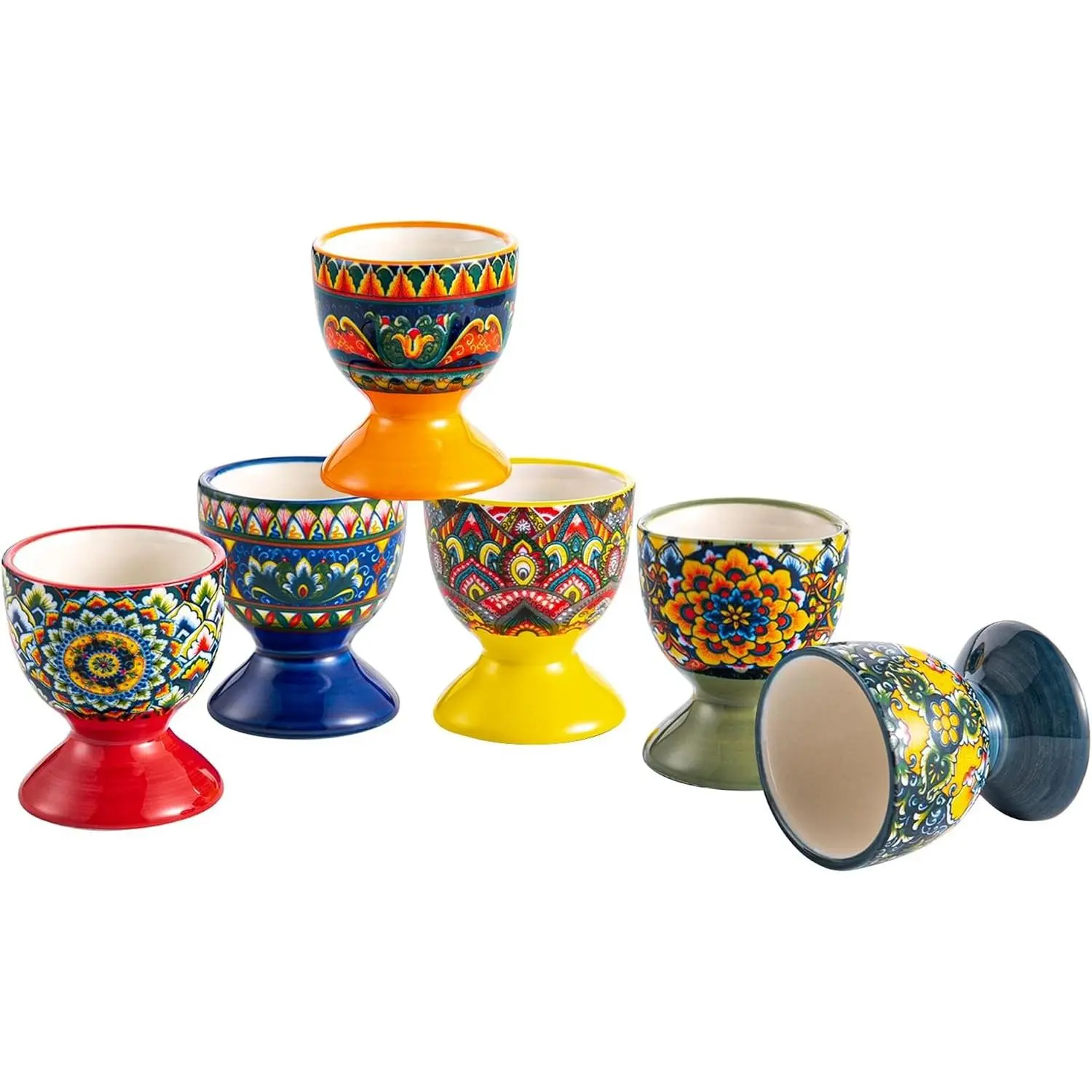Ceramic Egg Cup Set, Colorful Egg Cup Set of 6, Boho Style Egg Holder for Soft Boiled Eggs, Breakfast, Easter, Dishwasher & Microwave Safe