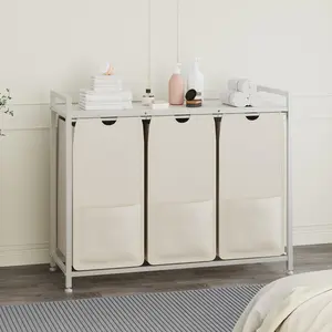 Laundry Hamper with Shelf and Pull Out Bags, 2 3 Section Laundry Sorter with Removable Oxford Fabric Baskets, 100 lbs Top Storage for Bathroom Bedroom, White/Black