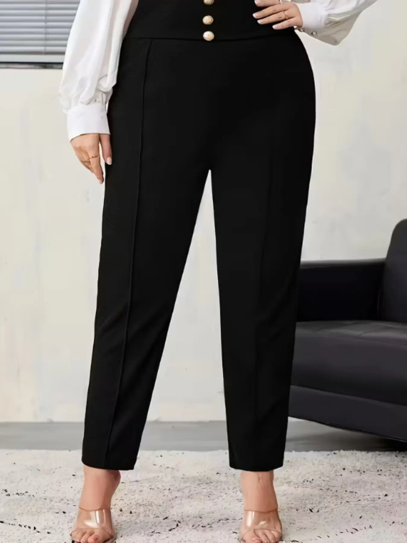 High-Waisted Nine-Inch Suit Pants, Buttons, Vintage Metal Buckles, Tailored Fit, Business Casual, Office Wear