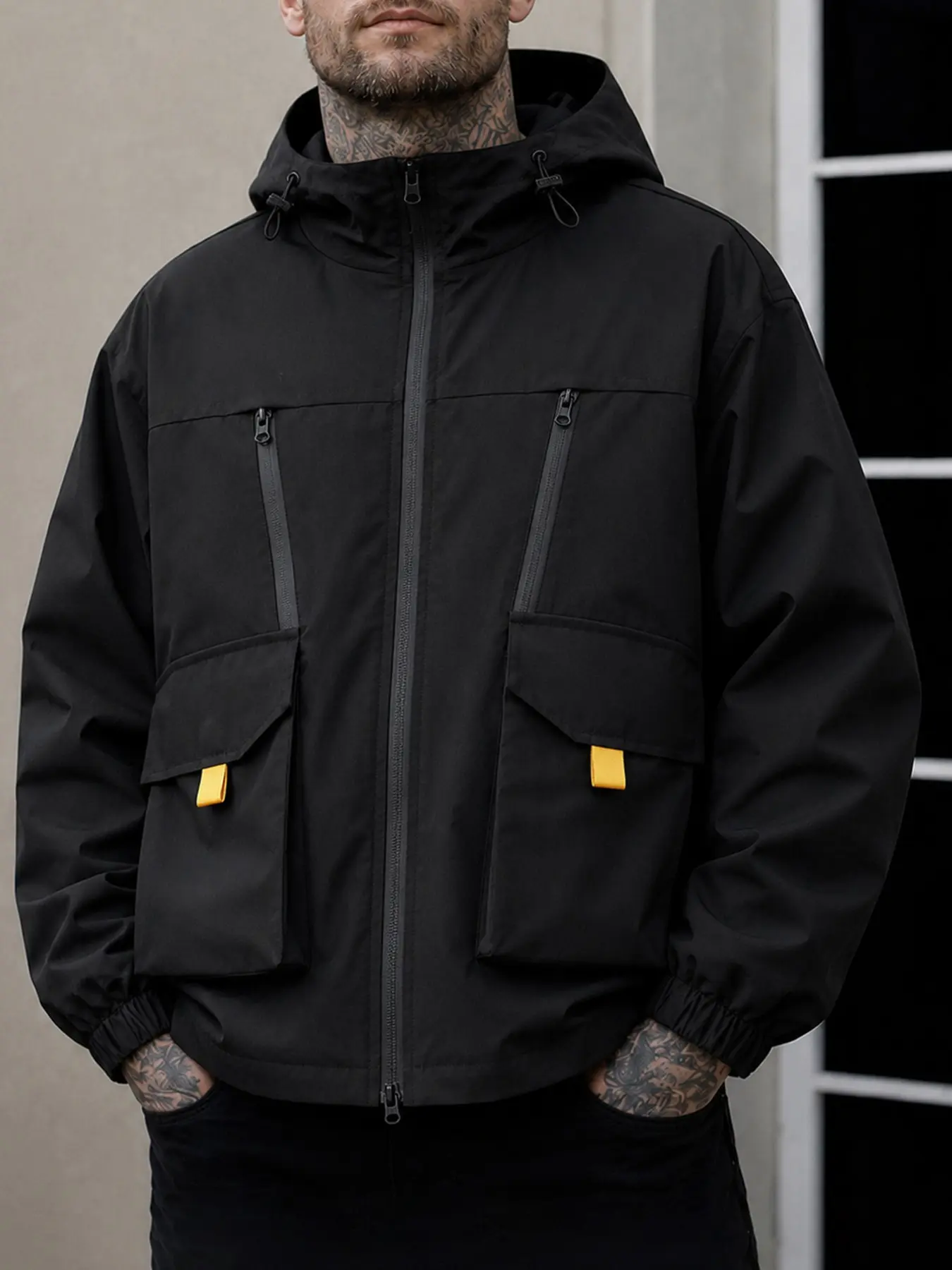Base Label Contrast Hooded Jacket, Multiple Zippers, 3D Pockets, Men's Loose Workwear Coat, Stylish and Functional