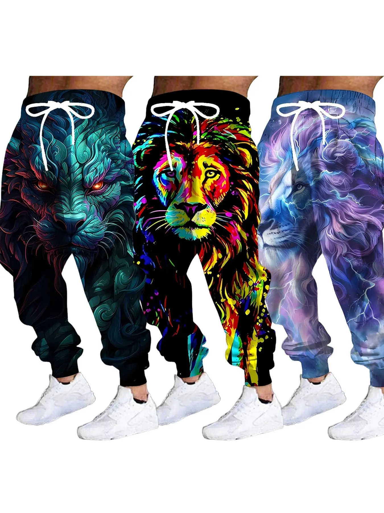 3-Pack American Style Lion Head Sweatpants Set, Gradient Lion Mane All-Over Print, Men's Drawstring Ankle-Length Casual Pants