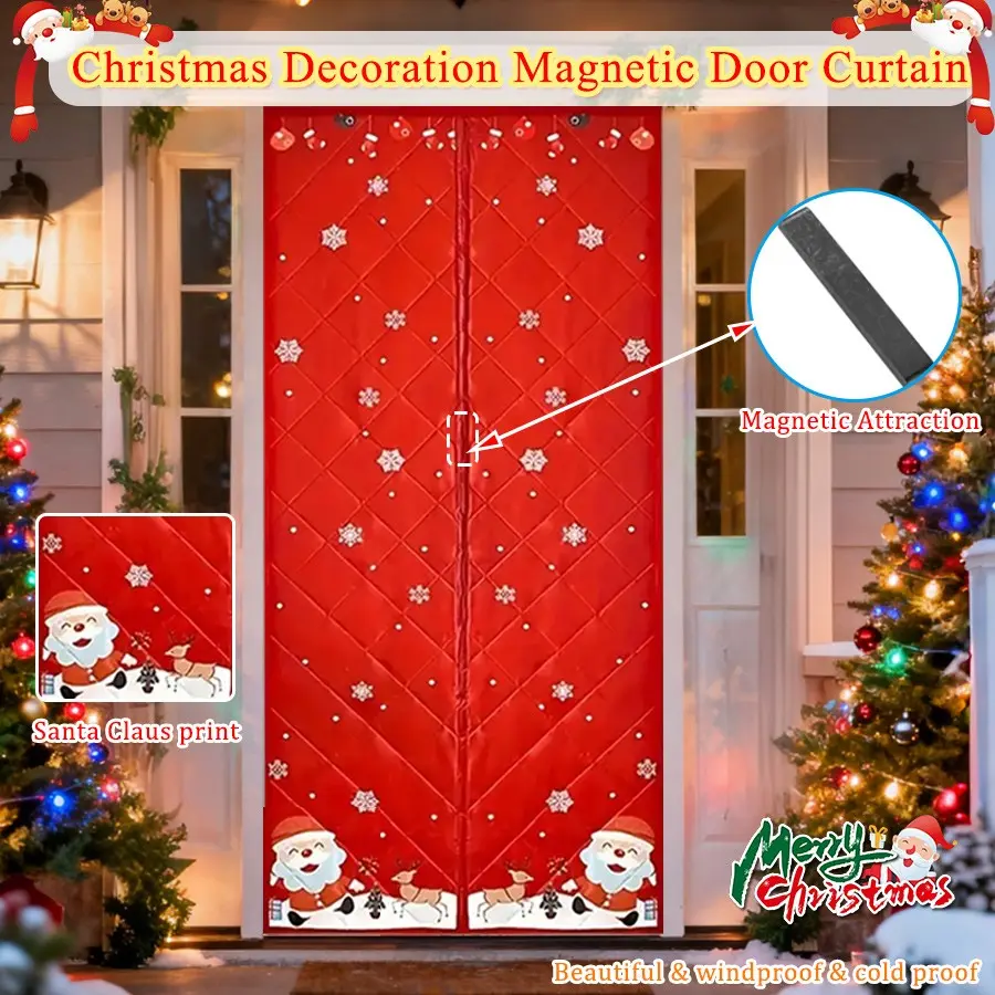 Magnetic Mesh Door, Santa Print, Windproof Insulating Curtain, Christmas Decorative Door Curtain, Home Living Room Bedroom Balcony Privacy Curtain