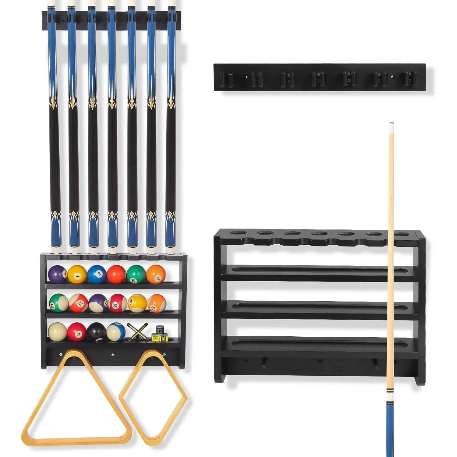 7 Pool Cue Rack Wall Mount with Cue Rest and Ball Holder, Wooden Pool Table Accessories Organizer, Billiard Cue Racks for Game Room Man Cave - Black