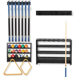 7 Pool Cue Rack Wall Mount with Cue Rest and Ball Holder, Wooden Pool Table Accessories Organizer, Billiard Cue Racks for Game Room Man Cave - Black