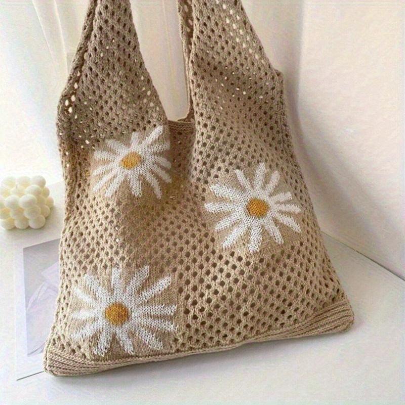 Crochet Shoulder Bag for Women with Floral Embossed Sunflower Design Beige Polyester Open-Top Tote Bag Spacious Bohemian Style Casual Handbag for Beach Outings 4 Seasons  Organiser