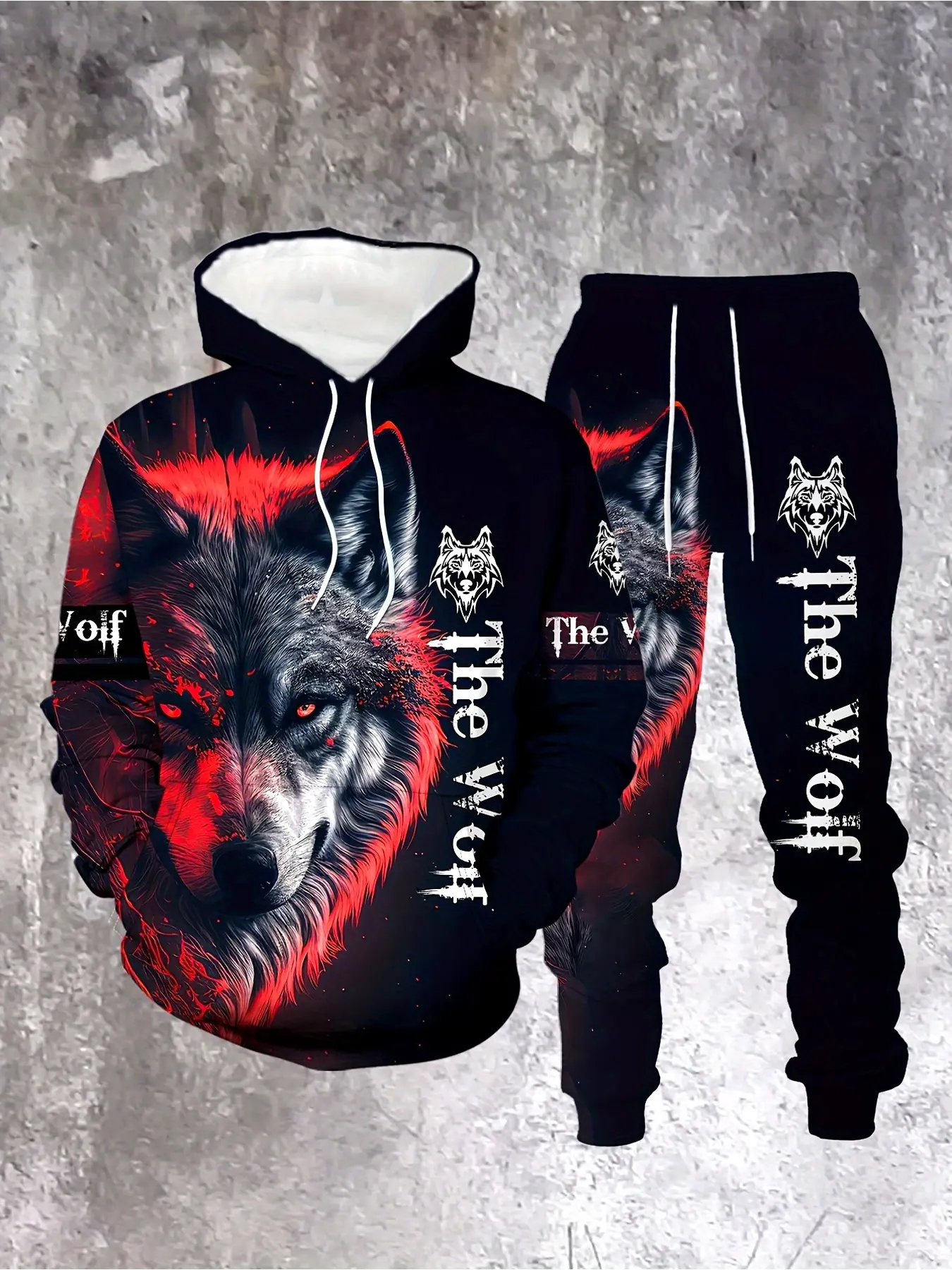 2026 New Autumn And Winter Fashion Streetwear For Men Featuring A Wolf Print Hoodie Set, Paired With Letter-Print Casual Sweatpants In A Two-Piece Outfit,