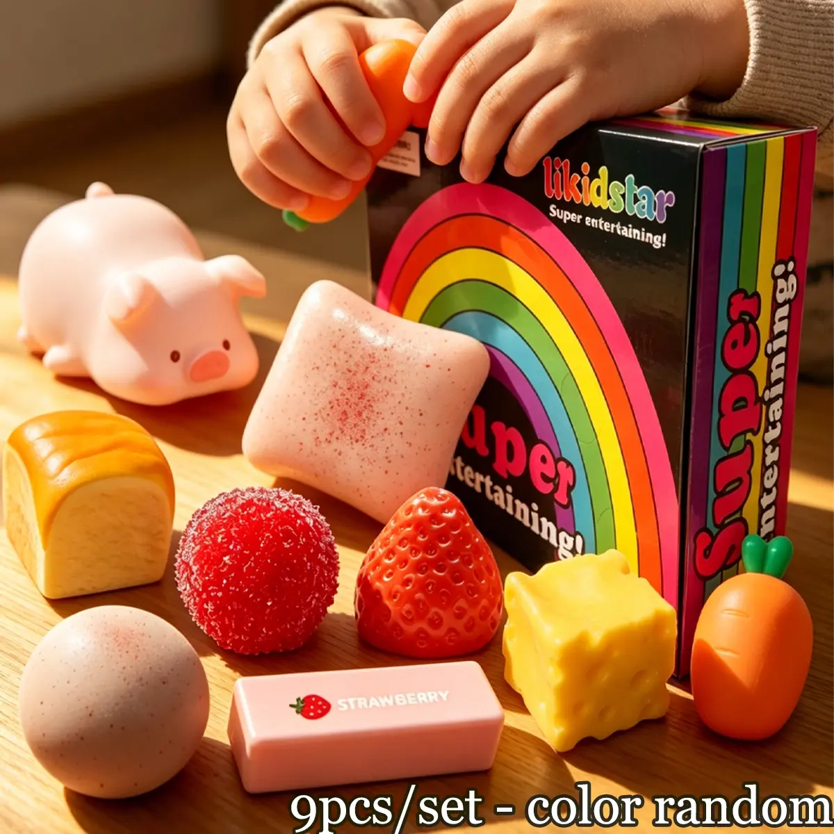 9pcs/set - Healing Series Stress Relief Fun Toy Set,which includes other squeeze toys such as toast,cheese, strawberries, waxberries, creative slow rebound plush toys, children's party gifts, and various styles. Stress relieving children's desk decoration