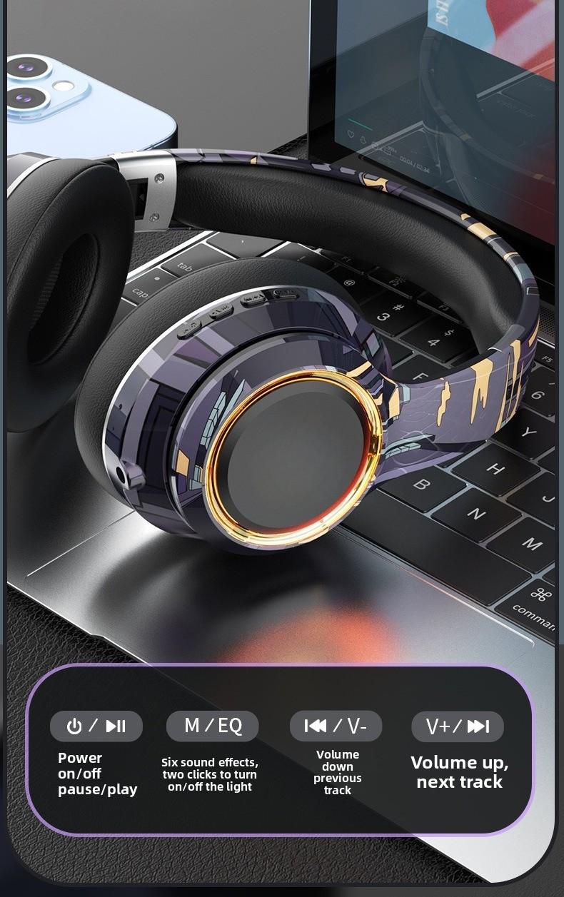 Luminous wireless over-ear Bluetooth headphones with SD card slot, noise cancellation, suitable for gaming and mobile phones. Luminous wireless over-ear Bluetooth headphones with SD card slot, noise cancellation, suitable for gaming and mobile phones.