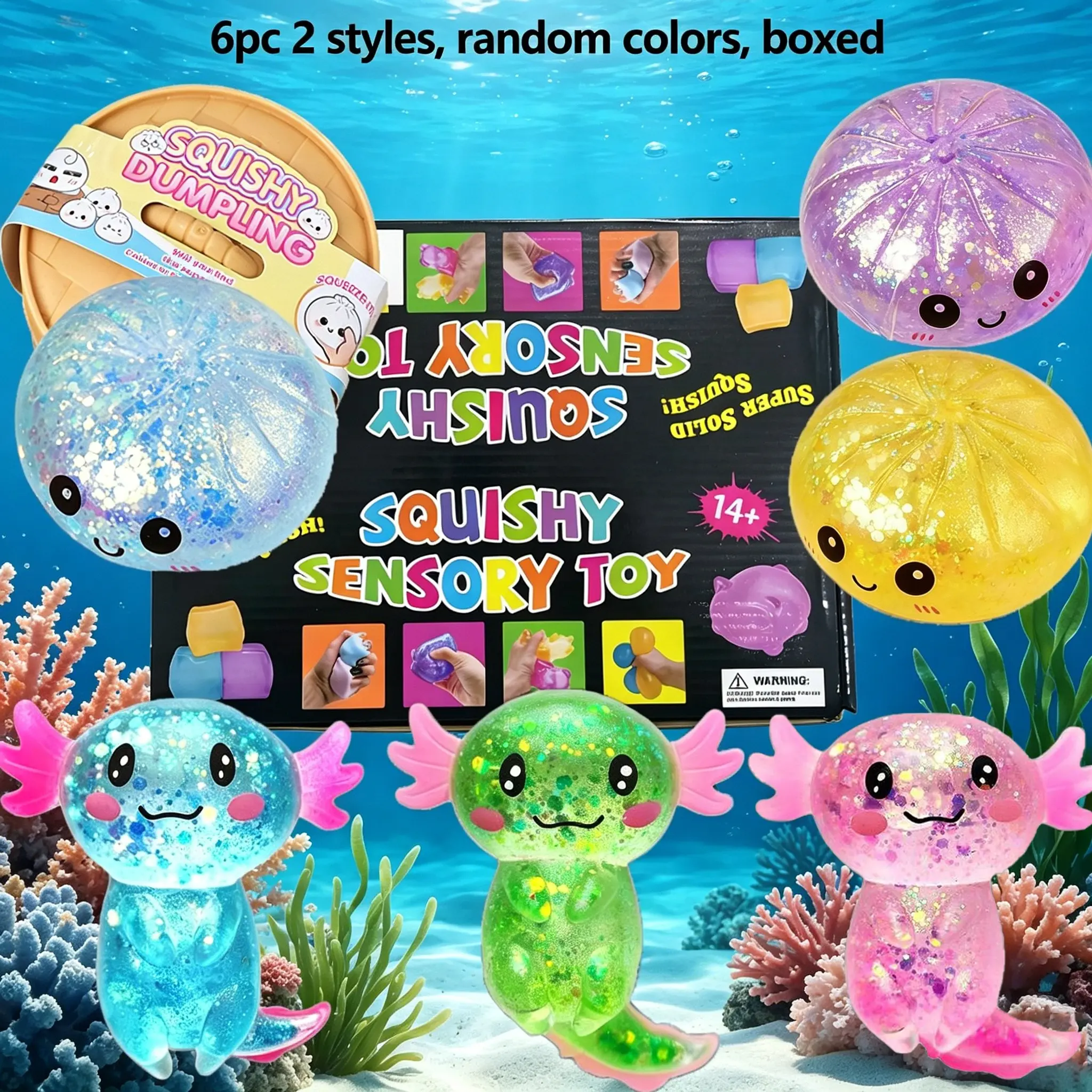 6pc stress relief toy set, Squishy fidgets, relieves anxiety, slowly rebounds, fun interactive design, cute desktop accessories suitable for office workers, party gifts, 6 different styles, boxed