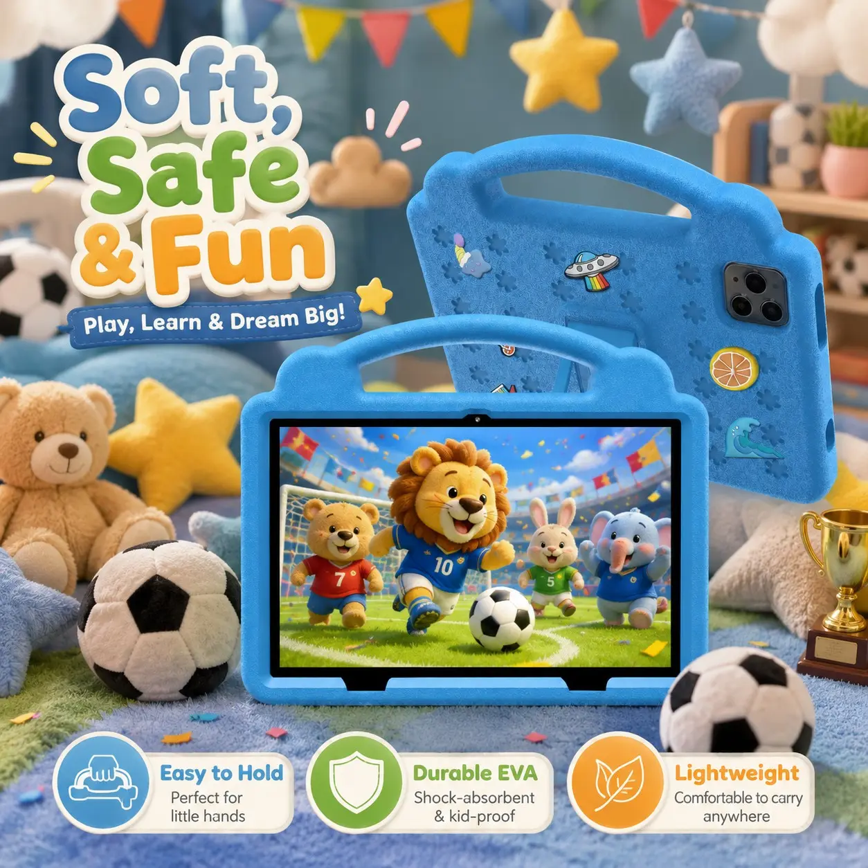 10.1 Inch Kids Tablet, 4GB RAM 64GB ROM, Android 12, Dual Camera, Kid-Proof Case with Handle, WiFi Learning Tablet for Toddlers