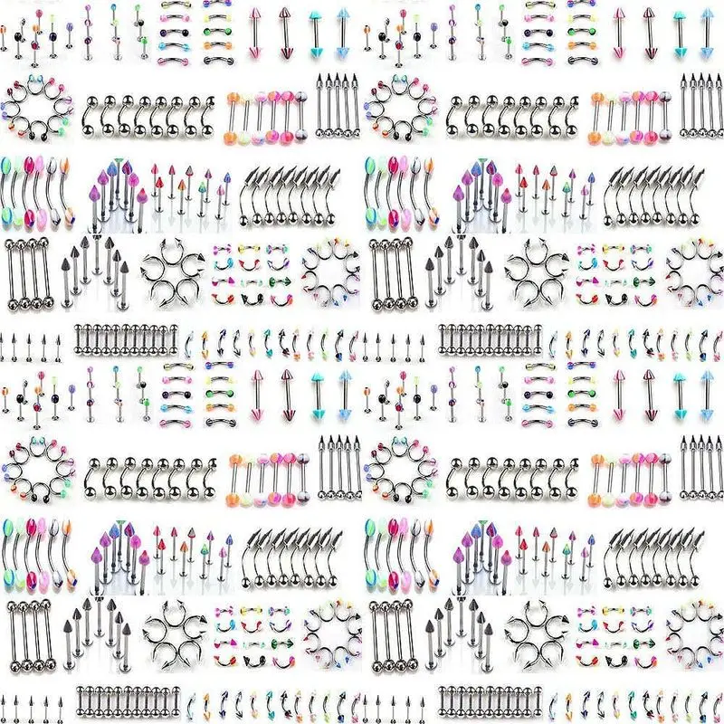 110-piece body piercing jewelry set, including eyebrow studs, navel studs, tongue studs, lip studs, etc., with a total of 22 styles