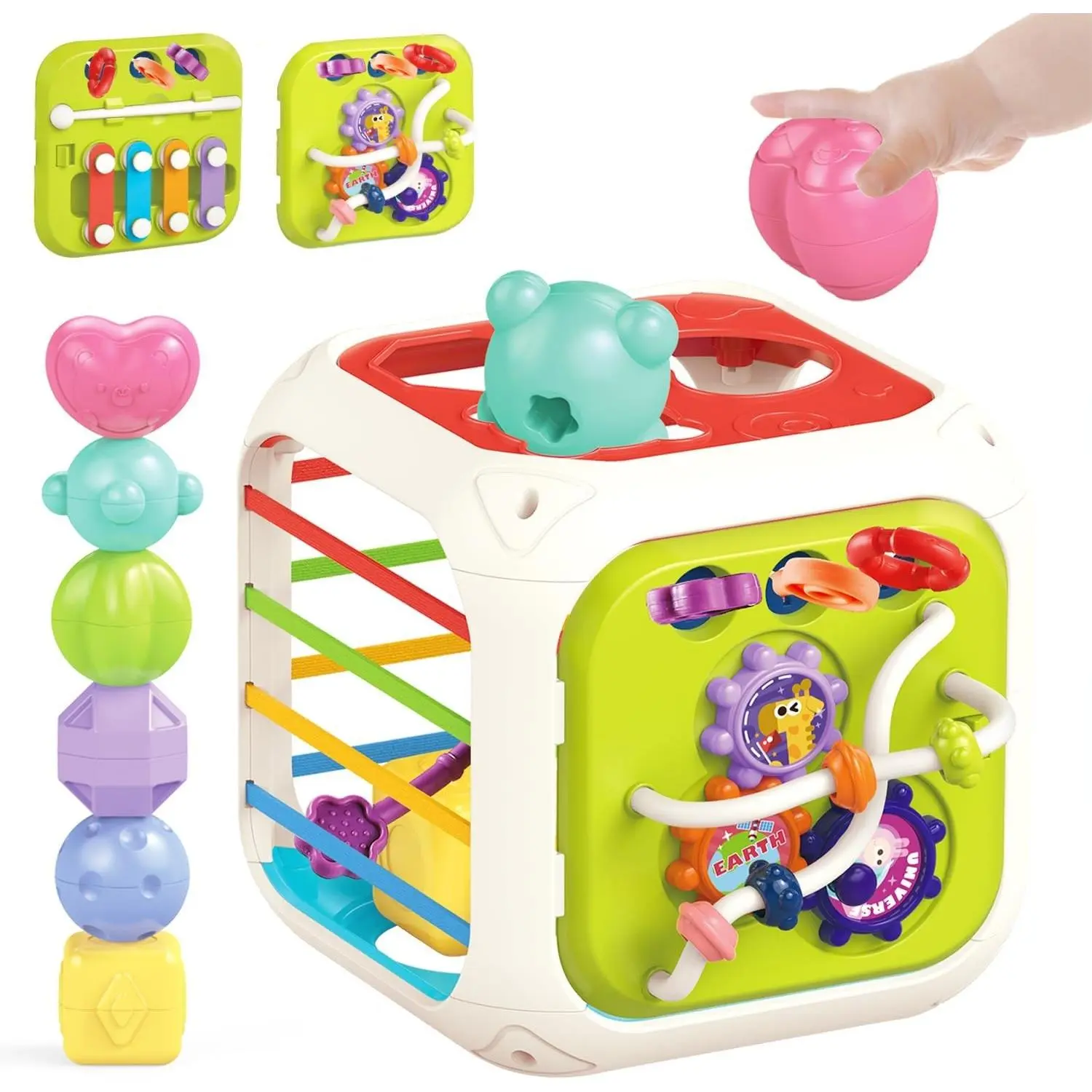7 in1 Baby Sensory Montessori Activity Cube Toys, Shape Sorter Early Learning Toys,Developmental Infant Birthday Gifts for Toddler Age 1 2 3