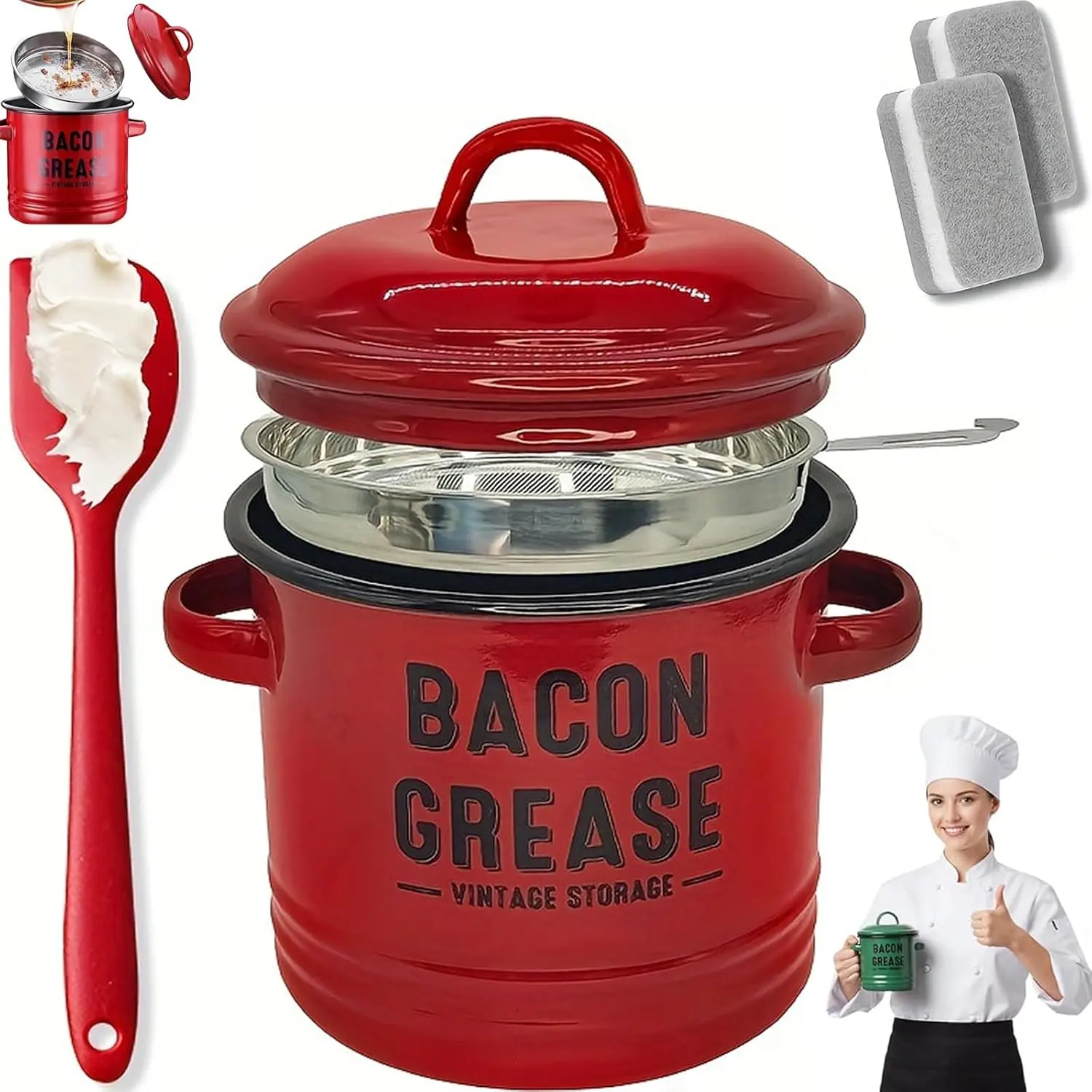 Vintage Farmhouse Bacon Grease Container, 46oz Red Enamel Cooking Oil Keeper with Fine Mesh Strainer, Secure Lid, and Silicone Spatula, Portable for Kitchen Storage, Sturdy, Reusable, Cookware, Utensils