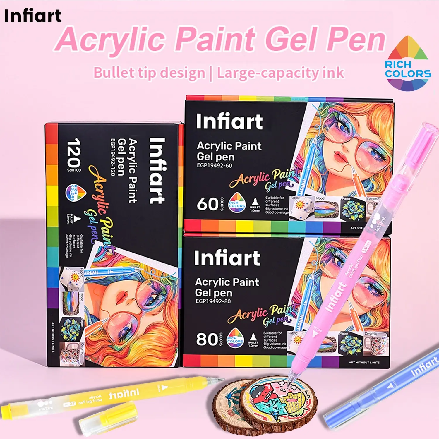 Infiart High-Value Colorful Retractable Gel Pen, Art Student Painting & Journaling Pen, 60/80/120 Colors, Watercolor, Graffiti, Highlighter