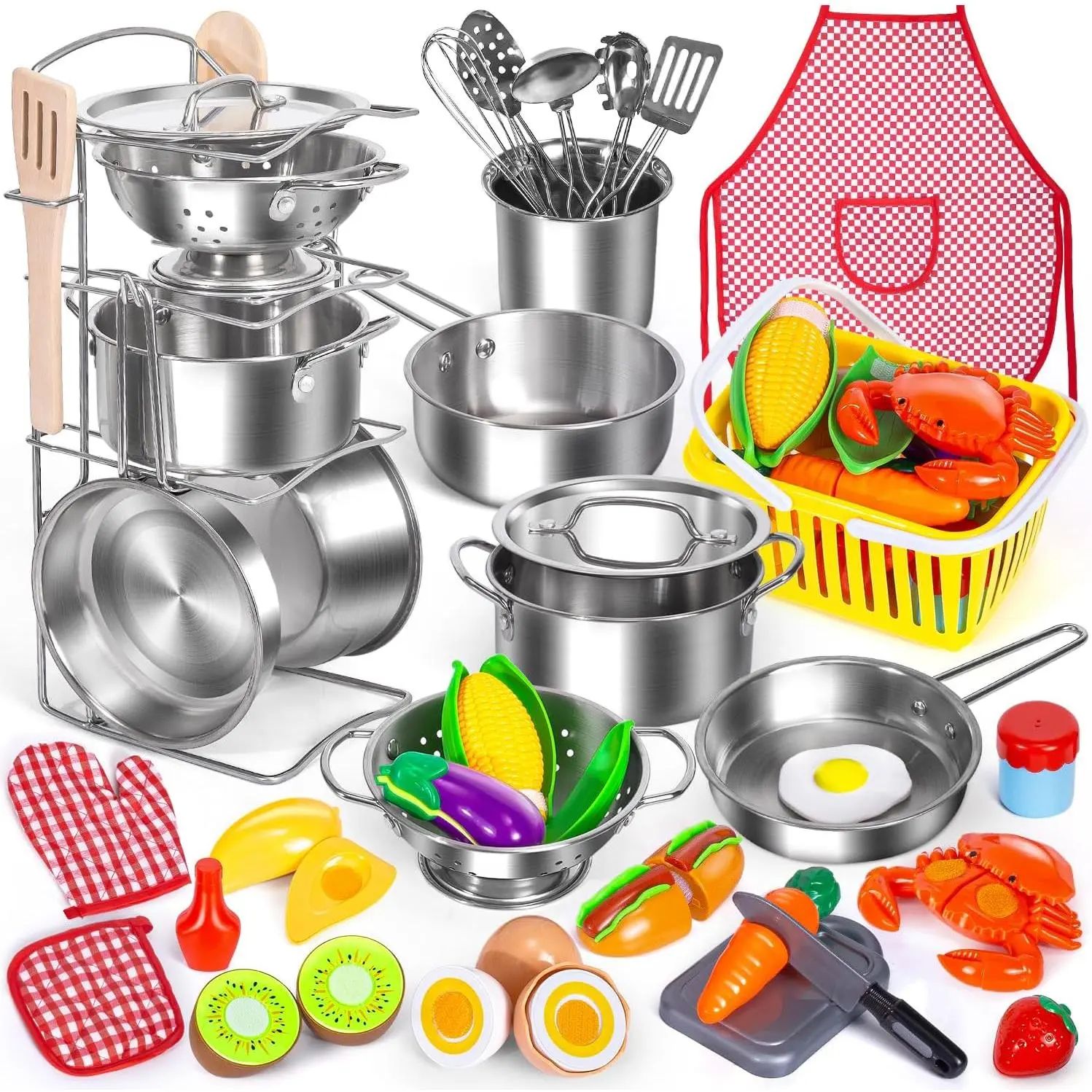 Kids Pretend Play Kitchen Toys Accessories Set, 32 Items Stainless Steel Toy Pots and Pans Sets w/ Rack Organizer, Metal Cooking Utensils & Apron, Play Food w/ Basket for Kids Girls Boys Toddlersfidget toys